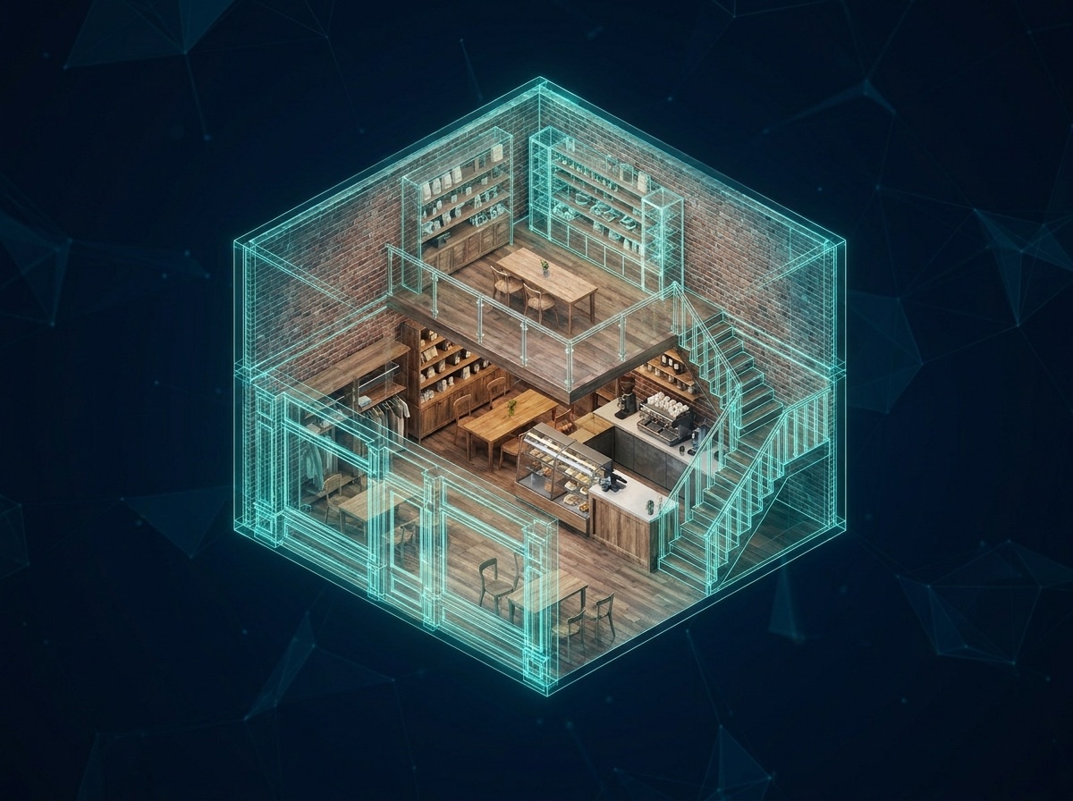 Matterport-style 3D dollhouse digital twin of a scanned business interior
